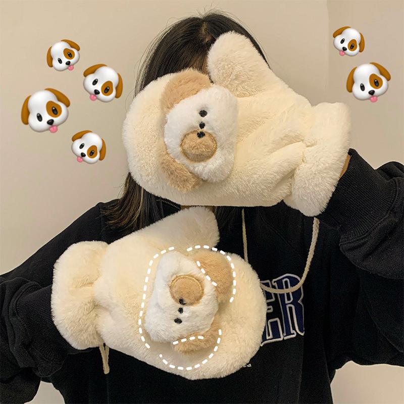 Warm fluffy plush gloves scarf two-piece set thickened cold-proof artifact cute puppy gloves
