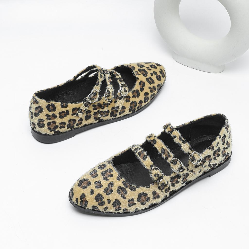 Large size women's shoes round head shallow mouth thick sole non-slip horse hair leopard print single shoes three characters with Mary Jane shoes