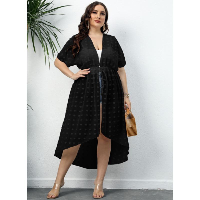 

Plus Size Women s Pom Pom Sheer Beach Cover Up Drawstring Waist Short Sleeve Kimono Cardigan 1XL чёрный