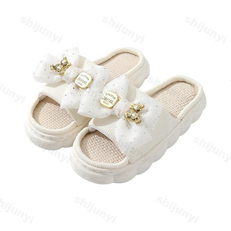 Fashion 2025 Summer Linen Women Slippers Home Slippers Comfortable Thick Sole Platform Ladies Fashion Bowknot Indoor Slipper Wholesale