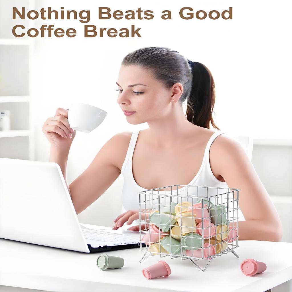 Large Capacity Cup Holder Organizer, Metal Coffee Pod Storage Basket for Kitchen Counter & Office - Space Saving Silver