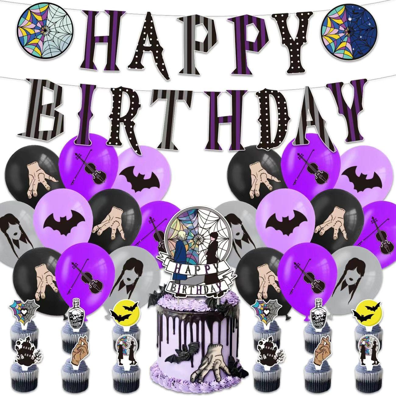 “Wednesday” Theme Birthday Party Decorations: Banner, Balloons, Backdrop, and Cake Topper Set – “Wednesday” Party Supplies 4-piece set