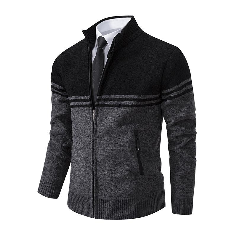 Men's Autumn and Winter Sweater Thick Fleece Warm Sweater Casual Stand Collar Zipper Cardigan Fashion Striped Coat