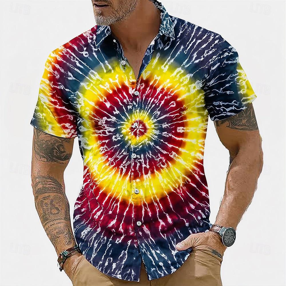Men's Short Sleeve Button Up Shirt Hippie Tie Dye 3D Print Turndown Collar Blue Pink Purple Fashion Streetwear for Spring Summer