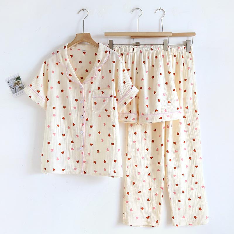 New Summer Pajamas Set 100% Cotton Crepe Love Short Sleeves + Shorts + Pants Three Piece Set Buckle Cute Ladies Pajamas
