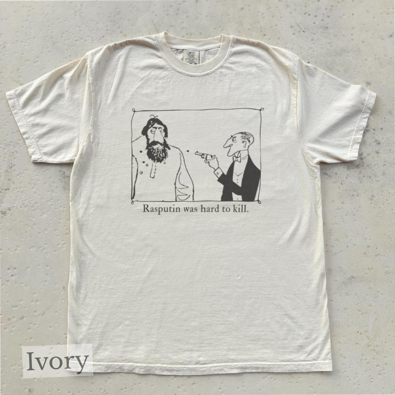 Rasputin Was Hard to Kill | Russian Mystic Grigori Rasputin Shirt, Vintage Cartoon Graphic T-Shirt L
