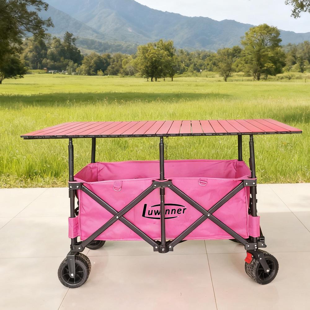 Adjustable Folding Handcart with Umbrella, Elevated Canopy & Table Top for Street Stalls or Camping.