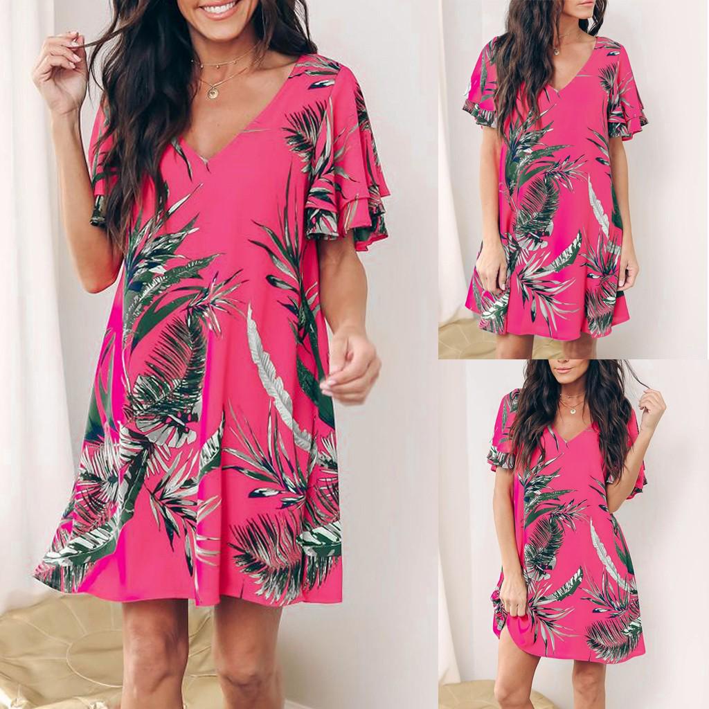 

Ramidos модное женское свободное платье-рубашка с v-образным вырезом и коротким рукавом с принтом листьев