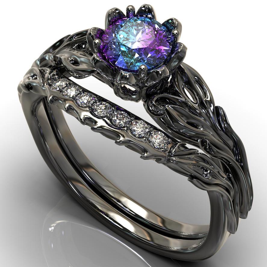 Sanjie SHEIN Emerald Inlaid Gun Black Wedding Rings for Women