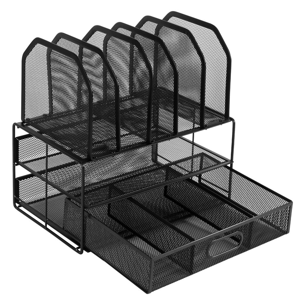 Amazon Basics Desktop Mesh Storage Case with Sliding Double and Five Upright Black Drawer, Tray, Sections,
