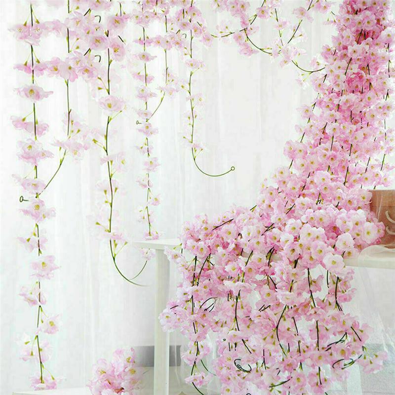 Cherry Rattan Artificial Fake Flower Sakura Hanging Wedding Garland Decor Plant