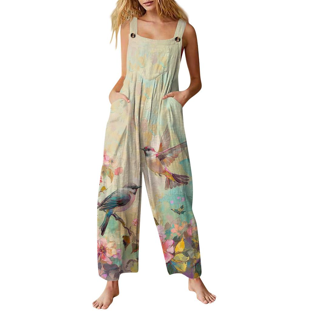 Women's Casual Jumpsuit, Sleeveless Printed Cotton Jumpsuit