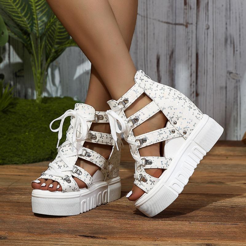 Women's Peep-Toe Platform Sandals, Lace-Up Cutout Wedge Heels, Height Increasing Roman Shoes Wholesale