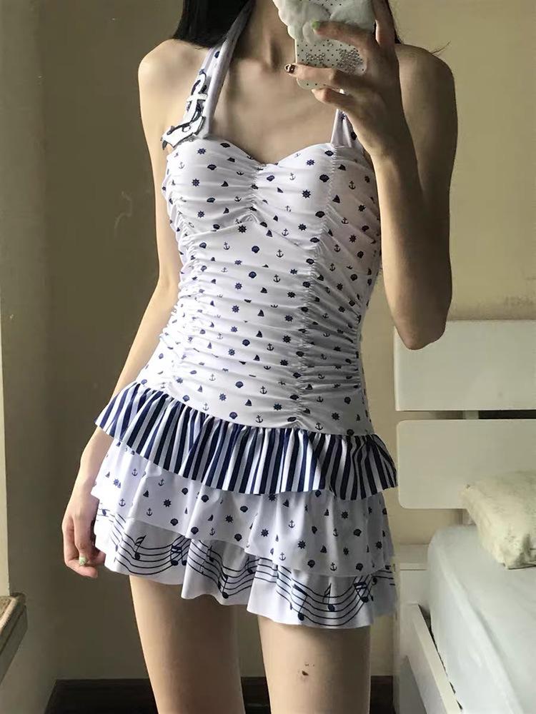Costum de baie dintr-o piesă cu fustă, cu gât halter, pentru femei 2026 - Conservator, Spate deschis, Design cu buline, pentru Plajă și Băi Termale.