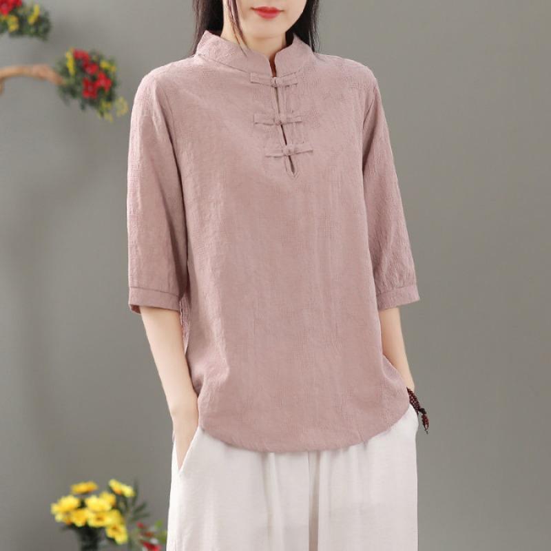Blusa de Lino para Mujer Estilo Chino Cuello Mandarín Botón de Rana Manga Media Casual Primavera Verano