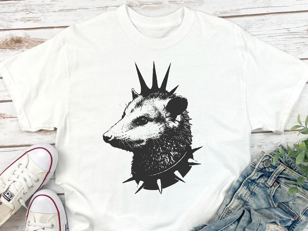 Punk Opossum Mohawk Shirt - Alternative Possum Lovers Gift Tee, Punk Rock Opossum with Spiked Collar T-Shirt