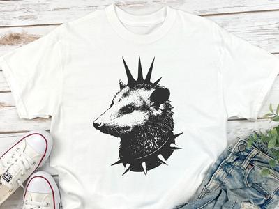 Punk Opossum Mohawk Shirt - Alternative Possum Lovers Gift Tee, Punk Rock Opossum with Spiked Collar T-Shirt