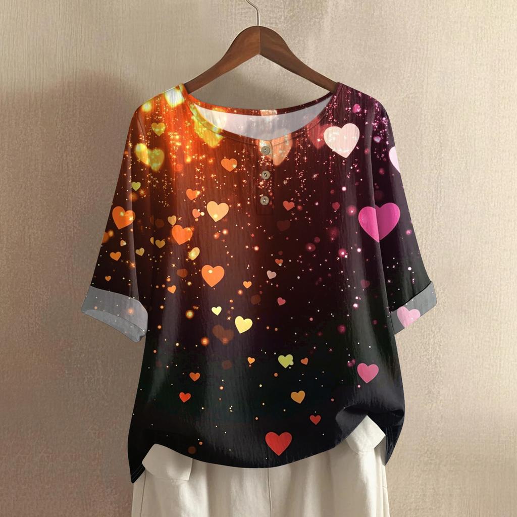 Damska casualowa i wygodna bawełniano-lniana bluzka z okrągłym dekoltem, średniej długości, z modnym nadrukiem