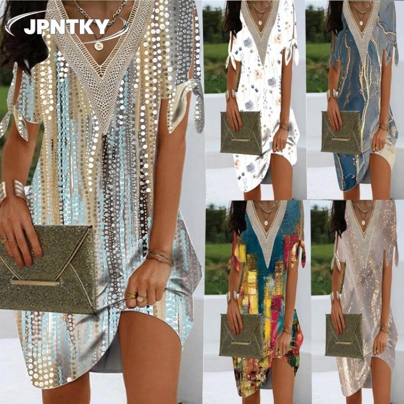 JPNTKY Fashion Summer Spring Short Sleeve V-Neck Casual Dresses