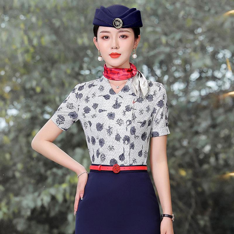 Blue and White Porcelain Print Short-Sleeved Women s Professional Shirt for Flight Attendants and Beauticians XL