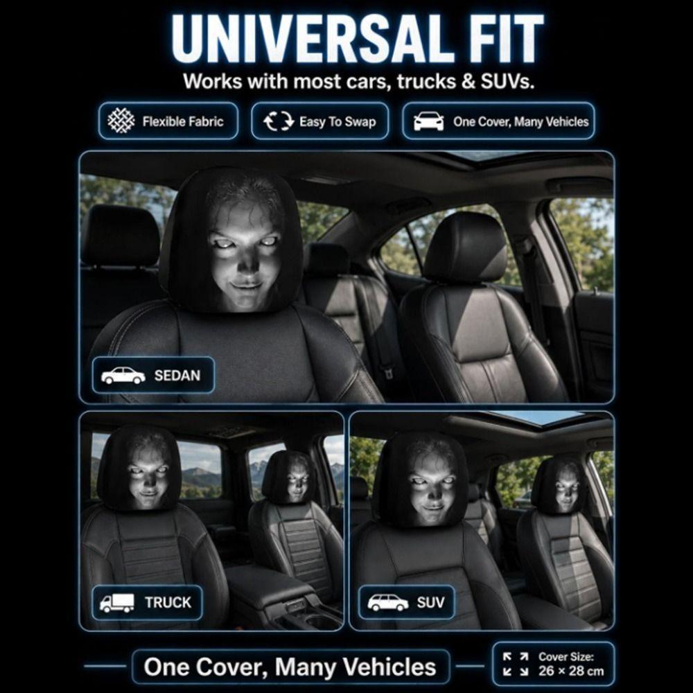 2 Pezzi Coprisedile Auto con Stampa Faccia Spaventosa Nero Protezione Poggiatesta Auto Copri Poggiatesta Auto Halloween