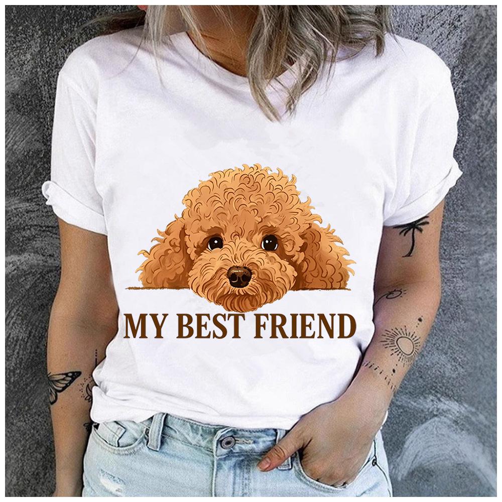 Polyester 100% Pet Lover Women Short Sleeve T-Shirt Poodle Dog My Best Friend Graphic Casual Tee