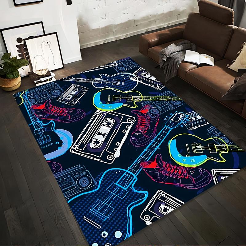 Music-Themed Carpet with Guitars, Cassette Tapes, and Sneakers Design Suitable for Use As an Anti-slip for Living Room Bedroom Sofas