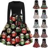 Women's Casual Fashion Christmas Print Round Neck Vintage Dress for Holiday Parties