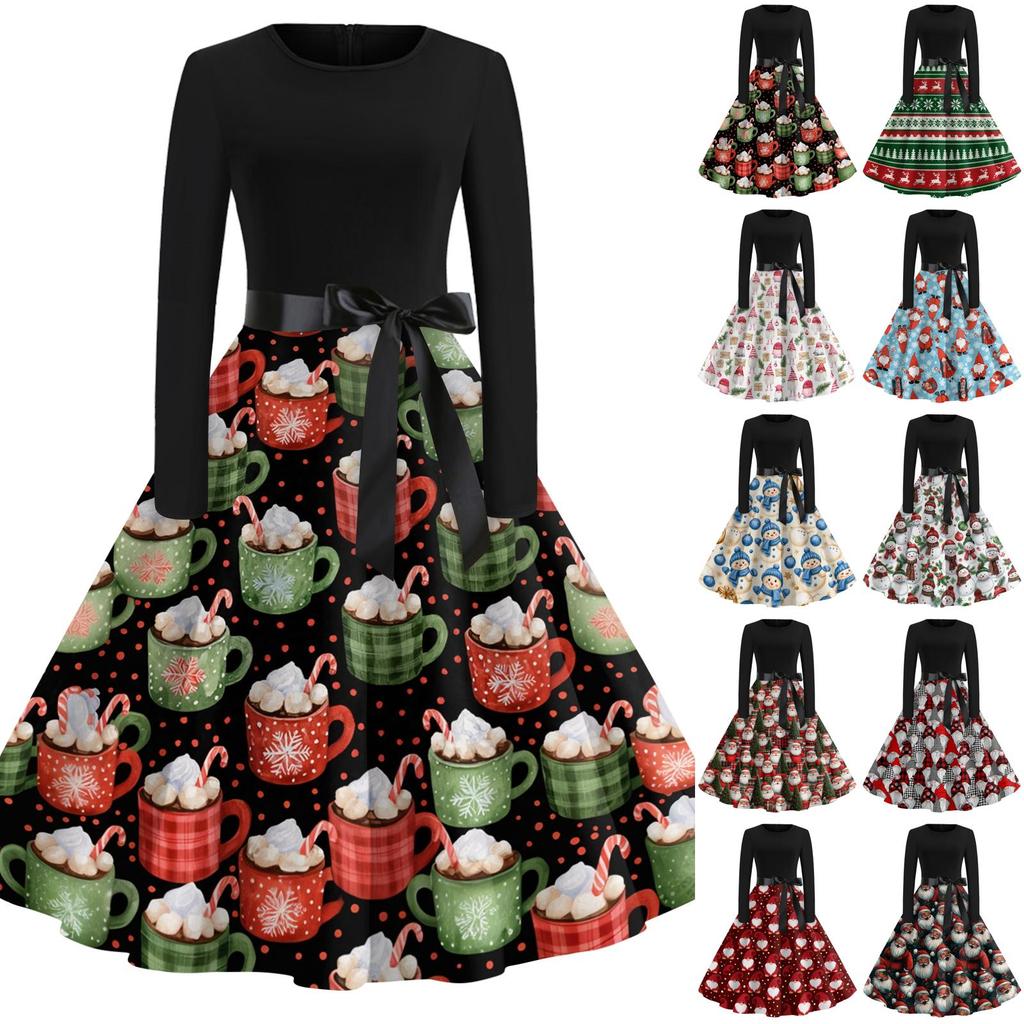 Women's Casual Fashion Christmas Print Round Neck Vintage Dress for Holiday Parties