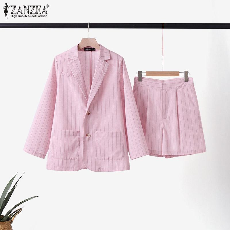 

ZANZEA Хлопковая одежда, женский кардиган, пиджак и шорты, повседневный костюм из двух предметов