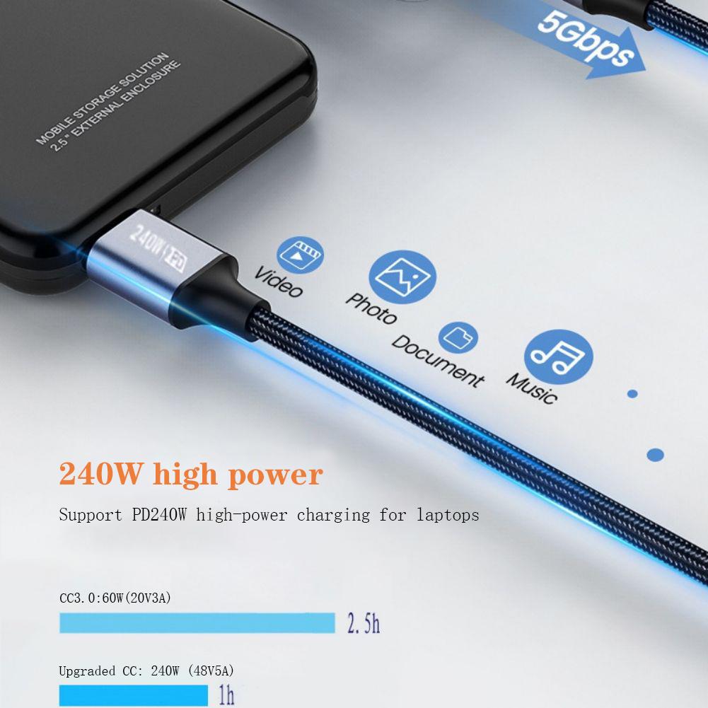 PD240W USB C To USB C Data Cable Type-C Fast Charging Cable Double Straight-head Charger PD Cord For Laptops Tablets Smartphones