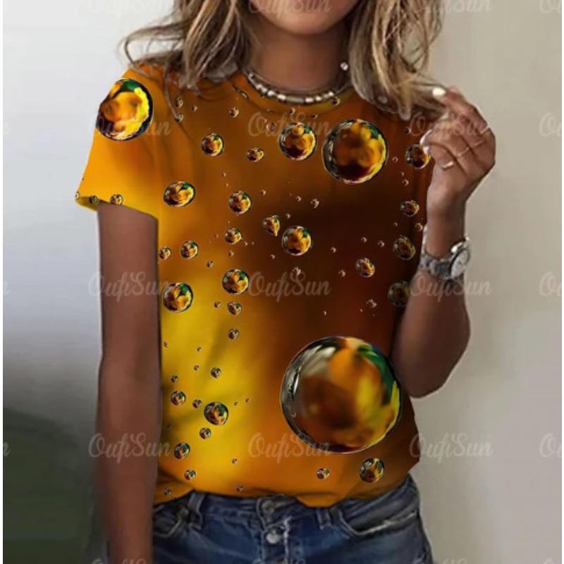 Summer New Women's Loose Shirt, Water Drop Pattern Printing Round Neck Short Sleeves