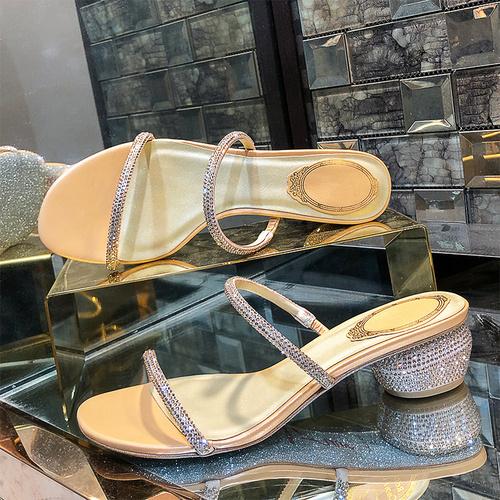 Fashion Round Heel Sandals 2025 Summer Women's New Rhinestone One Word with Fairy Style Egg Heel Fashion Sandals