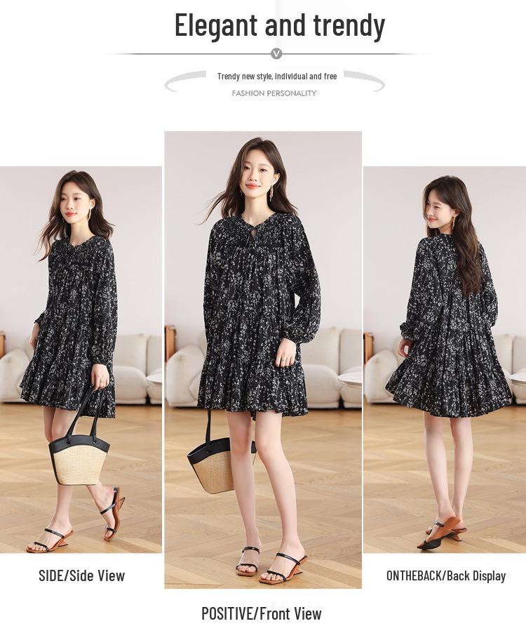 Plus Size Women's Floral Chiffon Dress: Salt-Sweet Autumn Style with Long Sleeves