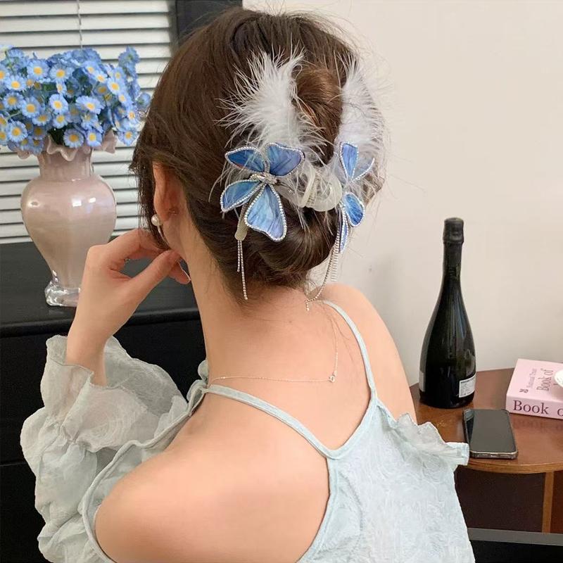 

1pc feather rhinestone butterfly tassel hair grab, new elegant chic temperament hair ornament on the back of the head
