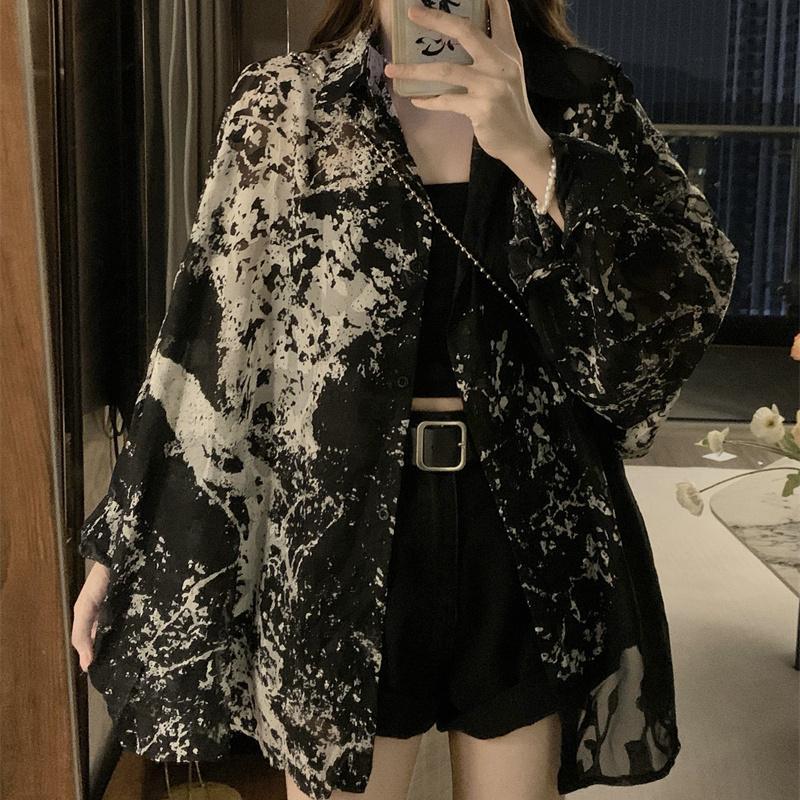 Summer Women's Long Sleeve Shirts Loose Tie Dye Gothic Streetwear All-match Casual Tops Students Blouses Vintage Spring
