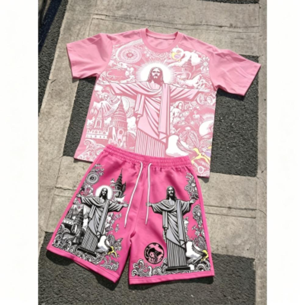 Europe and America Fashion JESUS Printing Outdoor Street Men's T-shirt and Shorts 2 Piece Set Summer Casual Outfit Men's and Women's Sports Set