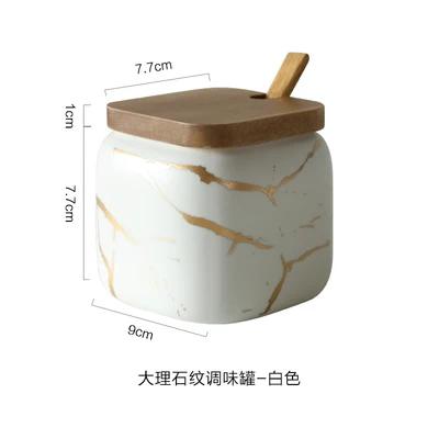 Matte Marble Pattern Ceramic Kitchen Spice Jar Oiler Set Wooden Cover Salt Shaker Spice Jar Kitchen Condiment Storage Rack Set