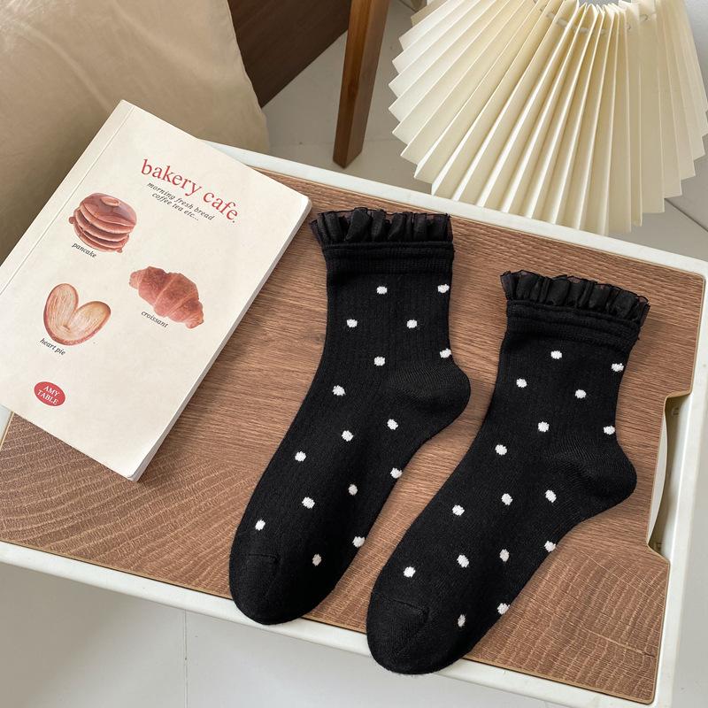 24 Autumn And Winter Mesh Lace Socks Children'S Japanese Retro Polka Dot Fashion Medium Tube Women'S Socks Short Women'S Socks