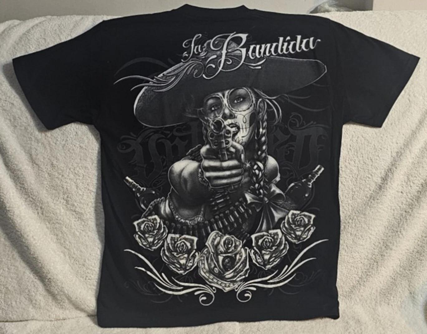 DAY OF DEAD LADY LA BANDIDA GUN PISTOL TEQUILA BULLET FLOWER ROSE T-shirt 2XL