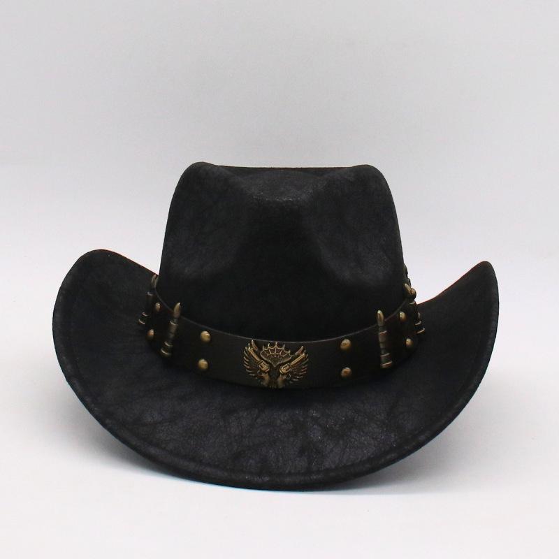 Unisex Pu Leather Western Cowboy Hat Metal Engraved Bull Head Rivet Belt Hat Party Hat