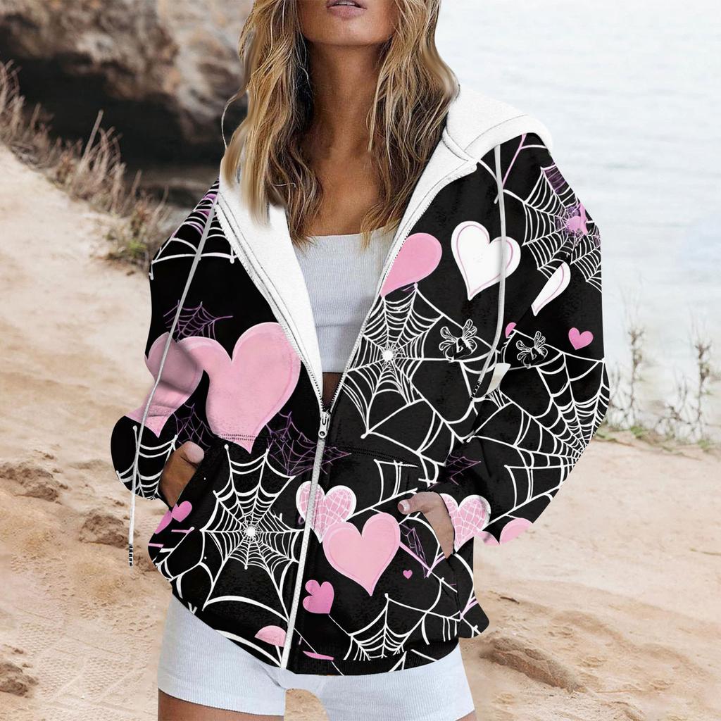 Women's Fashion Casual Halloween Printed Sweatshirt Autumn And Winter Long Sleeve Pocket Cardigan Jacket Zipper Hoodie Coat