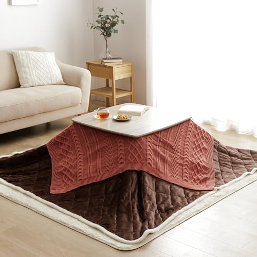 IKEHIKO Kotatsu Salon Cover, Aran, Approx. 130x130cm, Orange Accents, Stylish Scandinavian Style, Square, Washable, Salon, Fall/Winter Blanket #118252