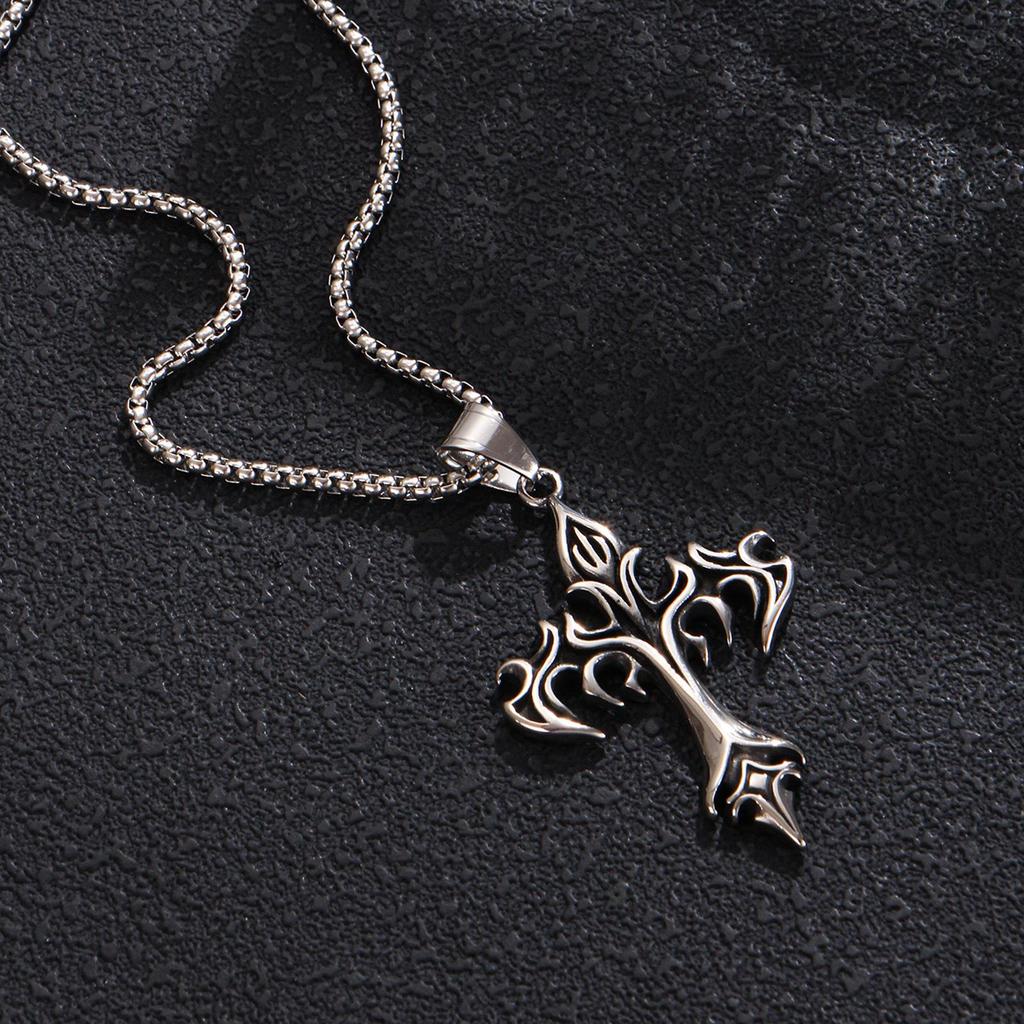 Men's Retro Stainless Steel Cross Necklace with Scroll Pattern and Distressed Long Box Chain