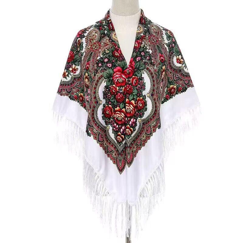 130*130cm Russian Style Floral Print Square Scarf Big Size Bandana Handkerchief Ukrainian Scarves Fringed Shawl Babushka Hijab