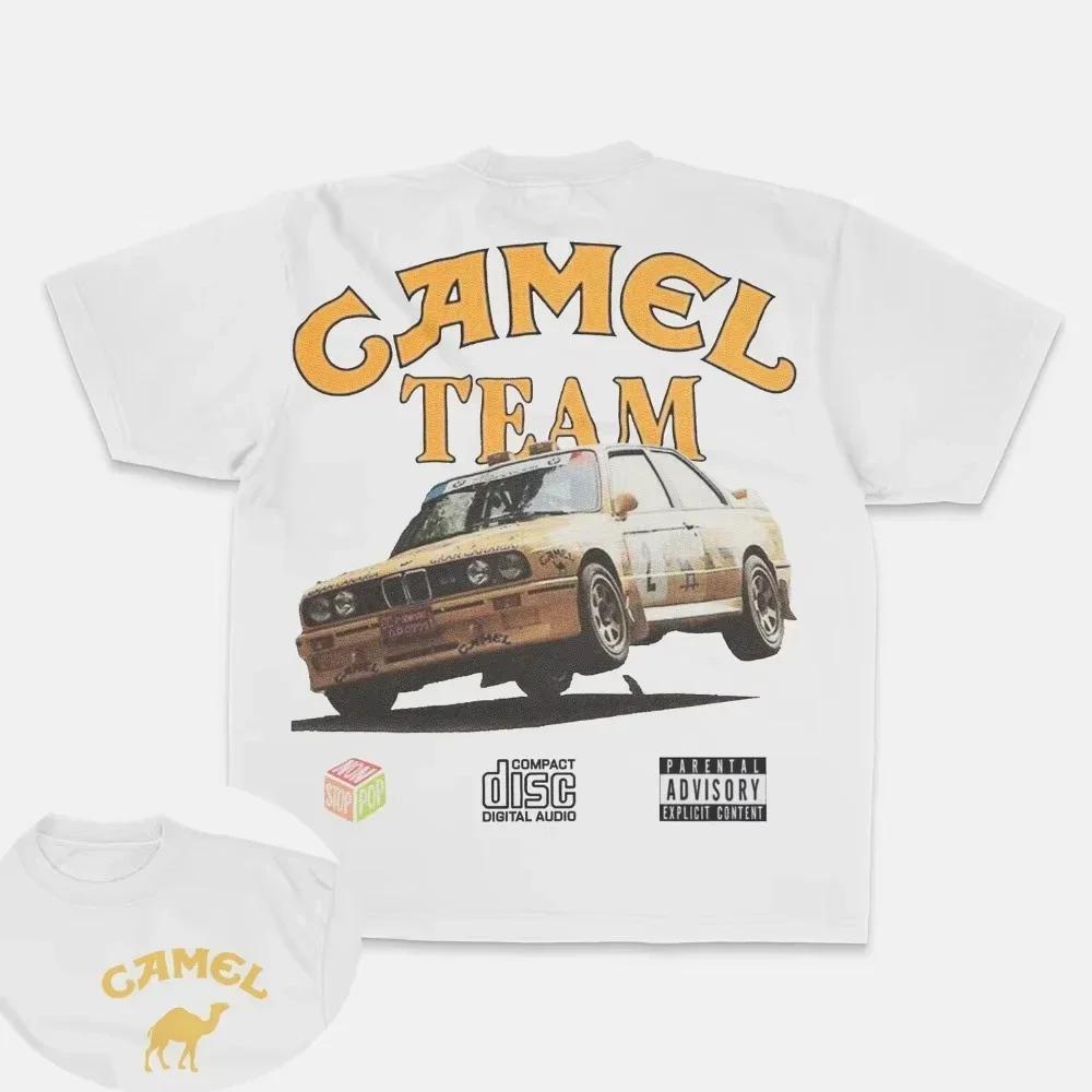 Retro Car Camel Cigarettes T-Shirt Vintage Cotton Tops Tees Short Sleeve Casual Streetwear Oversized Women Clothing Harajuku