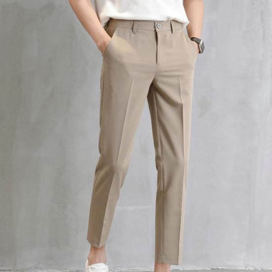 Men Suit Pants Solid Color Classic Slim Fit Straight Pattern Mid Waist Business Trousers Office Clothes