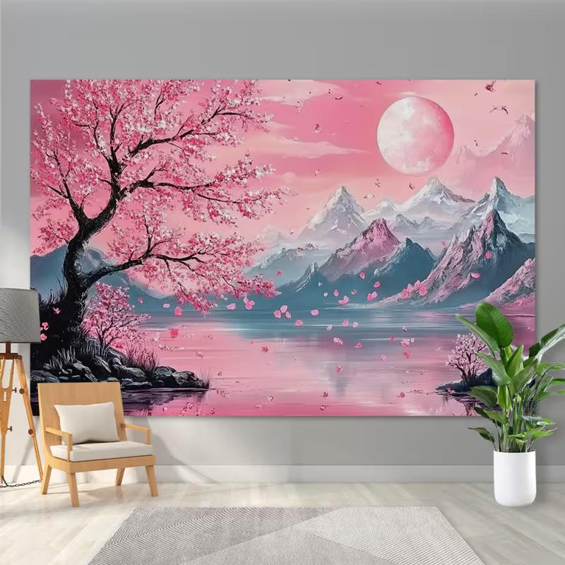 2D Moonlit Cherry Blossom Backdrop, Romantic Mountain Lake Party Banner 47.2x31.5inch/120*80cm