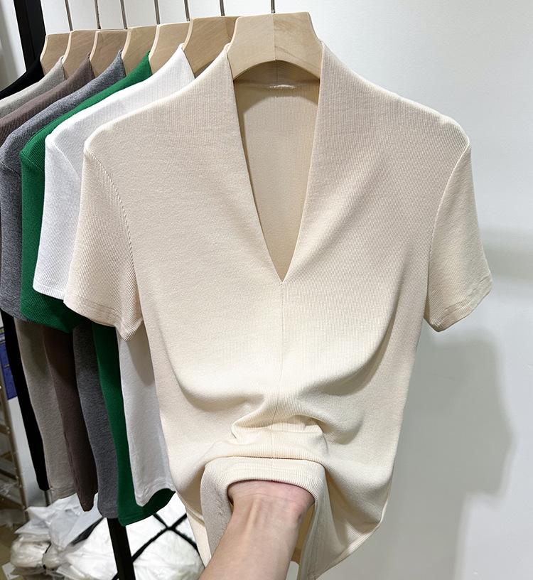 Threaded Fashion V-neck Short-sleeved T-shirt Women's Summer New Slim-fit Half-sleeved T-shirt Top