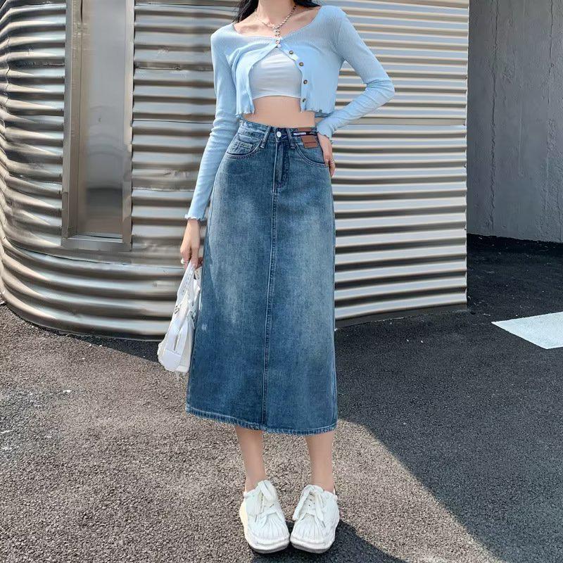 

Весна/Осень 2023 г. Юбка-трапеция из денима в стиле ретро для девочек с высокой талией и разрезом сзади 2XL синий